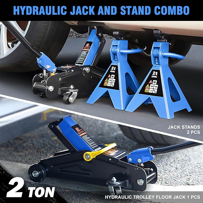 DNA MOTORING Low Profile Hydraulic Trolley Service/Floor Jack Combo with 2 Ratchet Jack Stands, 2 Ton (4000 lbs) Capacity, TOOLS-00476