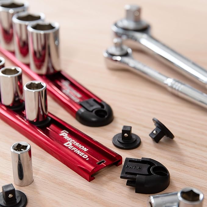 Precision Defined Aluminum Tool Socket Holder 3-Piece Set | Red, 1/4-Inch x 16 Clips, 3/8-Inch x 16 Clips, 1/2-Inch x 14 Clips | 360 Rotation - Heavy Duty Socket Rails Organizer, Socket Storage