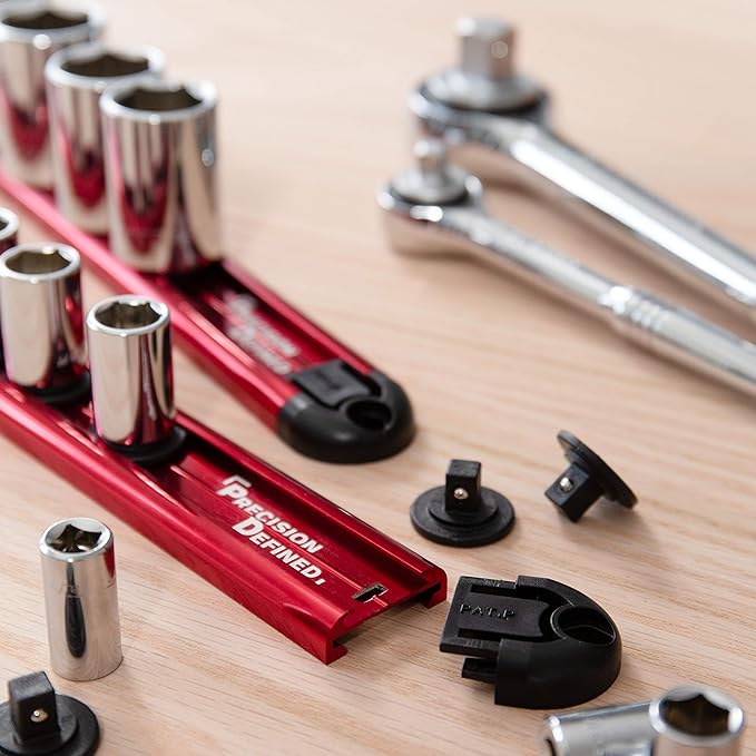 Precision Defined Aluminum Tool Socket Holder | Red, Single 3/8-Inch Socket Organizer x 16 Clips | Heavy Duty Socket Rails Organizer, Socket Storage, Socket Tray 360 Rotation