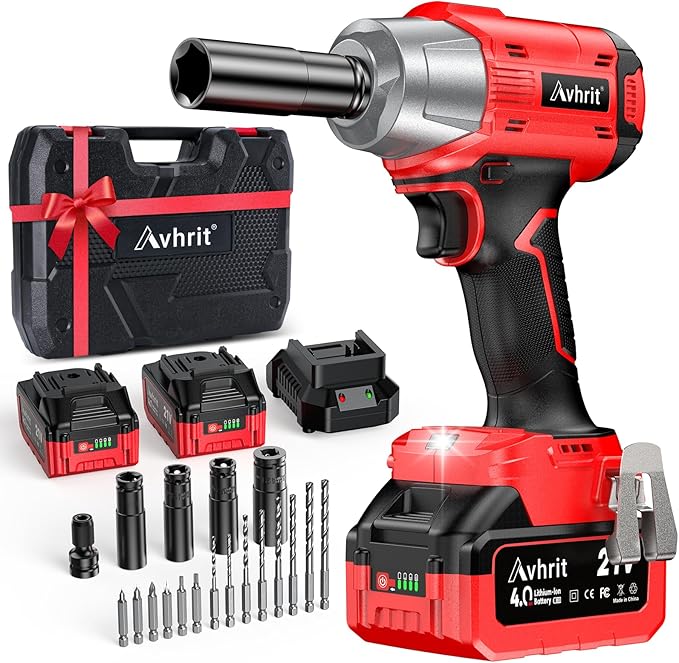 Cordless Impact Wrench, 480Ft-lbs (650N.m) 1/2 Inch Impact Gun Brushless, 3300RPM Electric Impact Wrench, 2x 4.0Ah Batteries, 4 Sockets, Charger, Power Impact Driver for Car Home