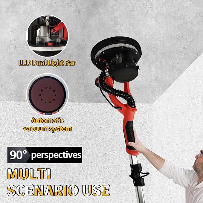 Drywall Sander with Vacuum, 950W High Power Foldable Popcorn Ceiling Removal Tool, 7-Speed Variable, 900-2600RPM, with LED Light and 12 Grinding Wheels, Retractable Handle, for Sanding Walls, Floors