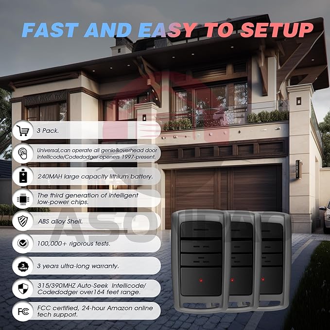3 for O3T-BX O3T-A Overhead Door Garage Door Opener Remote 3-Year-Warranty Auto-Seek 315/390MHZ