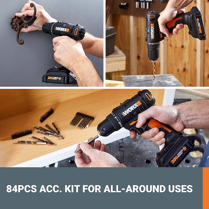 Worx 20V 3/8" Cordless Drill with 84pc Accessory Kit, Variable 2-Speed Drill Set 265 In-Lbs Torque 20+1 Clutch, Lightweight Compact Drill Driver 3/8-Inch Keyless Chuck – Battery & Charger Included