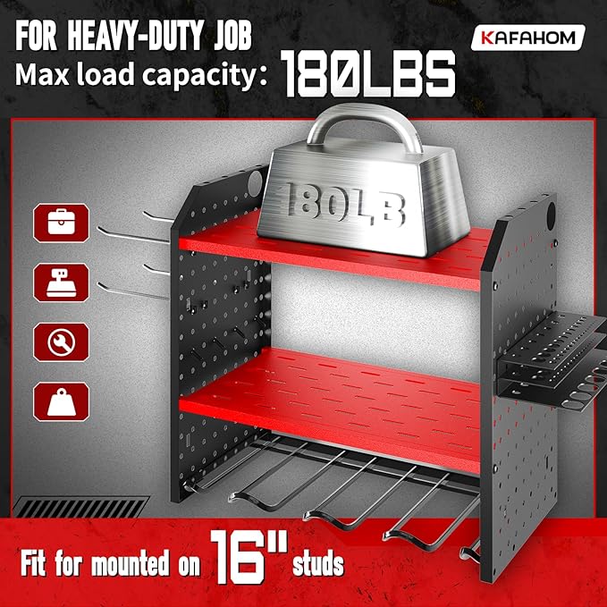 KAFAHOM Power Tool Organizer for Tool Storage, Drill Holder Wall Mount With 2 Side Pegboards, Metal Tool Shelf with 12 Hooks, Tool Organizers Storage Rack, Utility Cordless Drill Rack Red