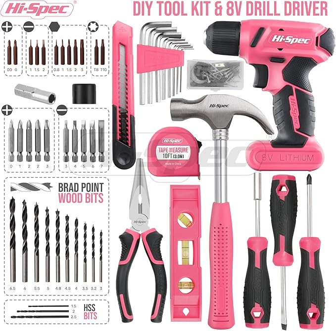 Hi-Spec Drill Set 58pc Pink Tool Set 8V USB Electric Drill Driver & Household Tool Kit. DIY Cordless Power Screwdriver