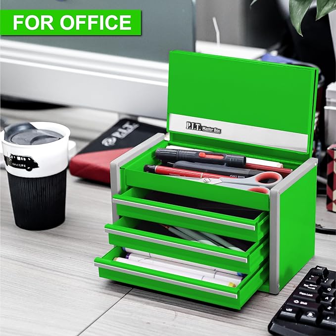 P.I.T. Mini Green Tool Box, Portable 3 Drawer Steel Stackable Tool Box with Magnetic Tab Locking, Green Micro Top Chest with Liner for Tools Storage and Organizers, Home DIY