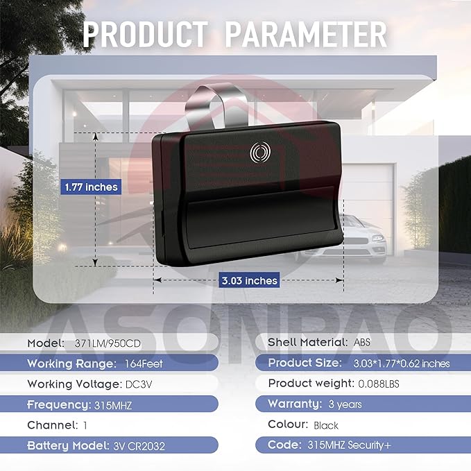 371LM/950CD Liftmaster Chamberlain Garage Door Opener Remote (Only for a Purple Learn Button) 315MHZ Security+ 1-Button (3Pack) 3-Years-Warranty