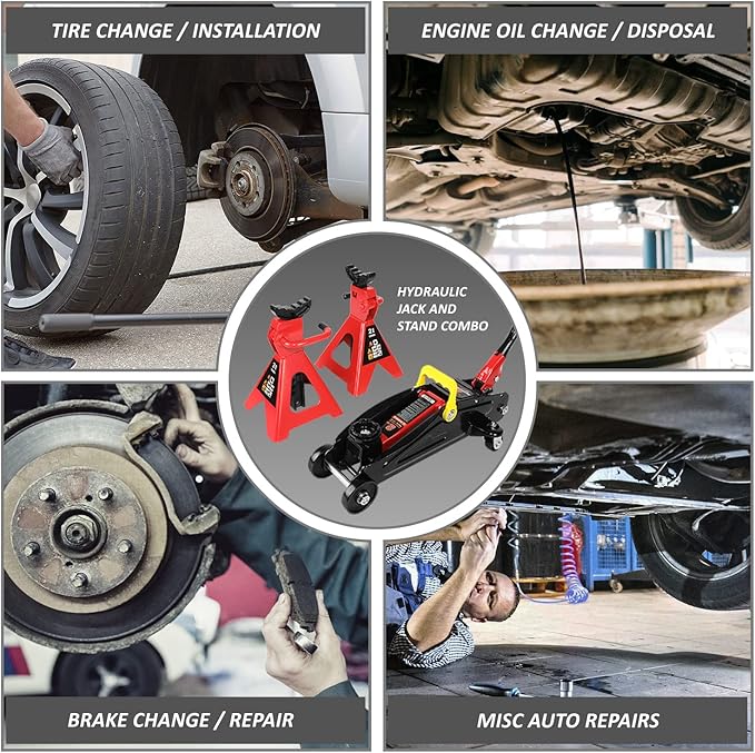 DNA MOTORING TOOLS-00280 Low Profile Hydraulic Trolley Service/Floor Jack Combo with 2 Ratchet Jack Stands, 2 Ton (4000 lbs) Capacity