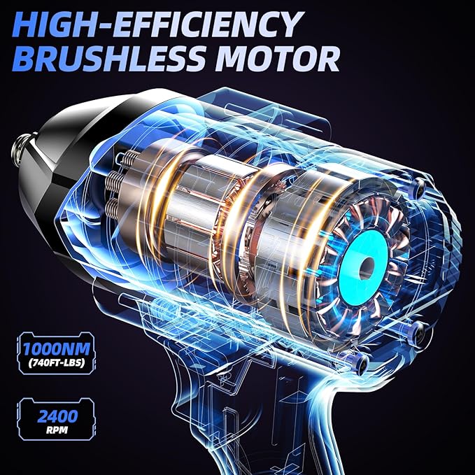 Elikliv Cordless Brushless Impact Wrench 1/2 inch, Max Torque 1000N.m, 740Ft-lbs 21V Electric Power Impact Gun, 2x 4000mAh Battery, Fast Charger, 4 Sockets set, Power Impact Driver for Car Tires Home
