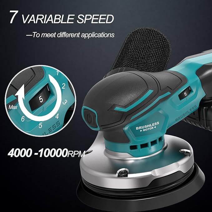 Orbital Sander 5-inch Palm Sander 20V Brushless Cordless Electric sander 7 Variable Speeds Hand Sanders for Wooding and Sanding With 10 Sanding Papers，Dust Collection Bag，Battery and Charger