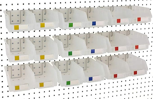 Pegboard Bins – 18 Pack Clear Large - Hooks to Any Peg Board - Organize Hardware, Accessories, Attachments, Workbench, Garage Storage, Craft Room, Tool Shed, Hobby Supplies, Small Parts