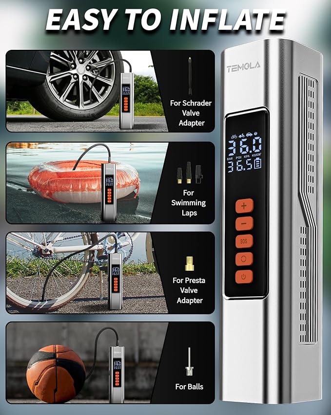 TEMOLA Tire Inflator Portable Air Compressor, Air Pump for Car Tires Car Accessories, 150PSI Portable Tire Inflator for Car with Tire Pressure Gauge, Bike Pump for Motorcycle Bicycle Ball, 2000mAh*2