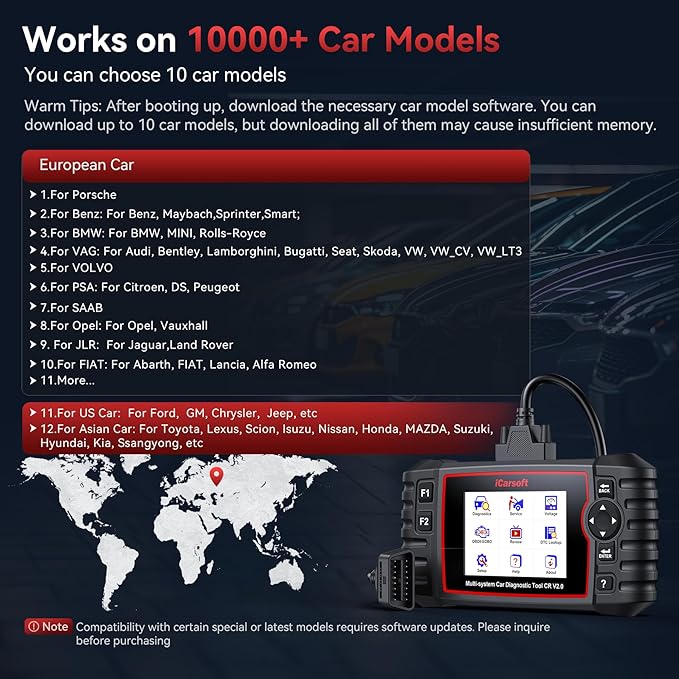iCarsoft CR V2.0 OBD2 Scanner for Porsche/BMW/VAG/Volvo,etc,8 Resets/Full Systems/Battery Reset, Auto Diagnostic Tool ABS SRS SAS Transmission Code Reader, 118 Live Data Check Engine Light Scan Tool