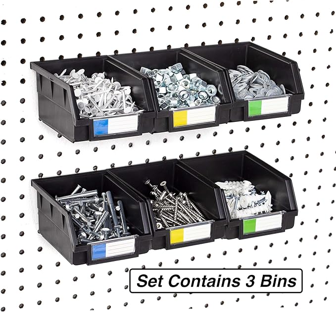 Pegboard Bins - 3 Pack Black Large - Hooks to Any Peg Board - Organize Hardware, Accessories, Attachments, Workbench, Garage Storage, Craft Room, Tool Shed, Hobby Supplies, Small Parts
