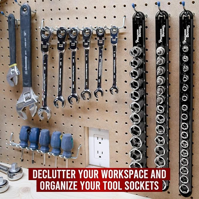 Precision Defined Aluminum Tool Socket Holder | Black, Single 3/8-Inch Socket Organizer x 16 Clips | Heavy Duty Socket Rails Organizer, Socket Storage, Socket Tray 360 Rotation
