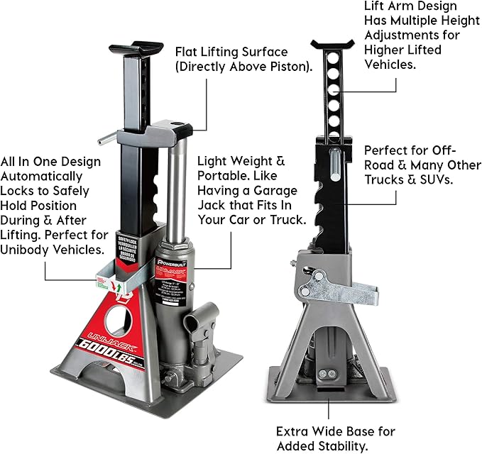 Powerbuilt 3 Ton, Bottle Jack and Jack Stands in One, 6000 Pound Capacity, All-in-One Car Lift, Heavy Duty Vehicle Unijack, Wide Base, 620471