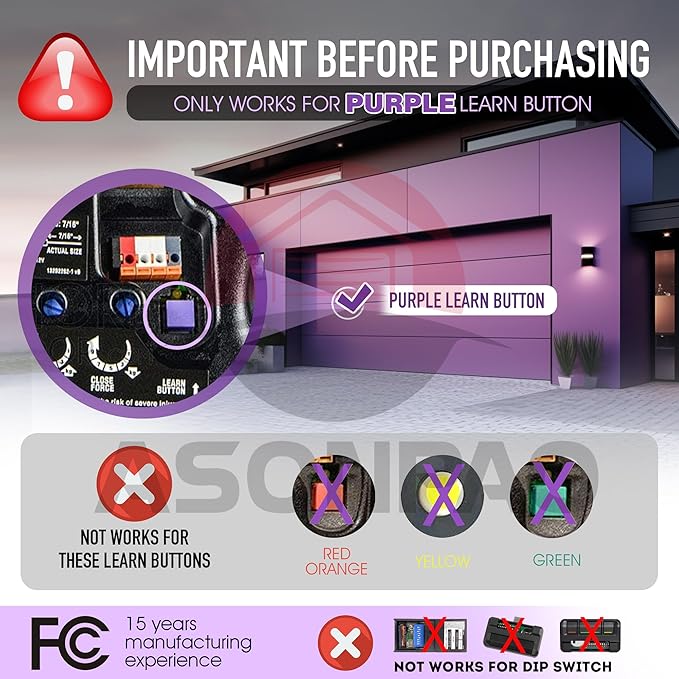 2 for 371LM/950CD Liftmaster Chamberlain Garage Door Opener Remote (Purple Learn Button) 3-Year-Warranty Long-Life Lithium Battery Ultra-Long Range