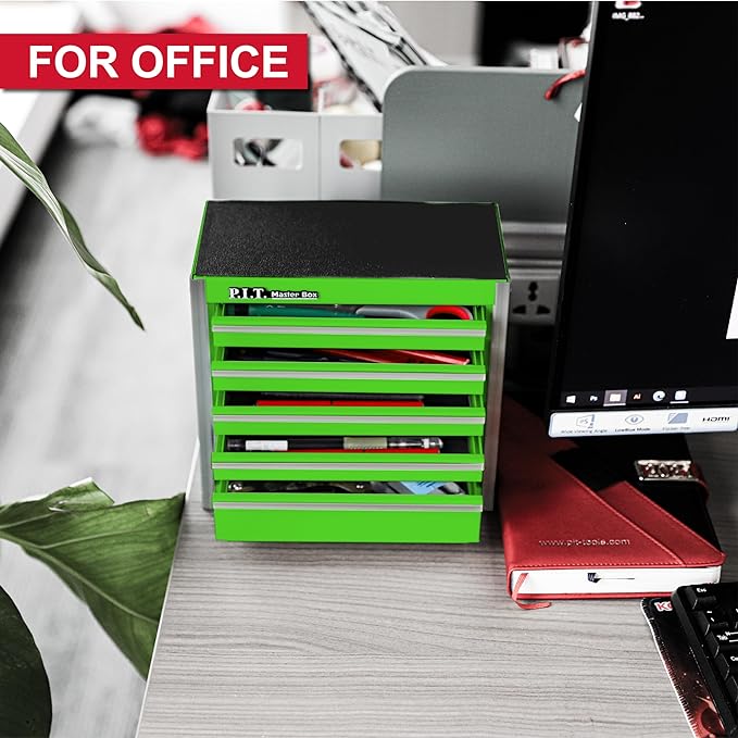 P.I.T. Mini Green Tool Box, Portable 5-Drawer Micro Roll Cab Steel Stackable Tool Box with Liner, Green Small Tool Case for Tools Storage and Organizers, Home DIY