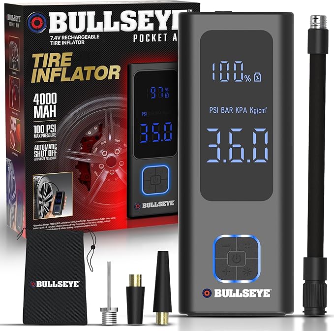 POCKET AIR Car Tire Inflator Portable Air Compressor by Bullseye Pro, Rechargeable 4000MAH Portable Tire Inflator for Car, Inflatables, Ball, Lightweight Air Pump Portable with LED Pressure Gauge