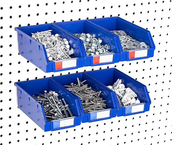 Pegboard Bins – 6 Pack Blue Extra Large - Hooks to Any Peg Board - Organize Hardware, Accessories, Attachments, Workbench, Garage Storage, Craft Room, Tool Shed, Hobby Supplies, Parts