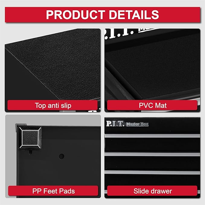 P.I.T. Mini Black Tool Box, Portable 5-Drawer Micro Roll Cab Steel Stackable Tool Box with Liner, Black Small Tool Case for Tools Storage and Organizers, Home DIY