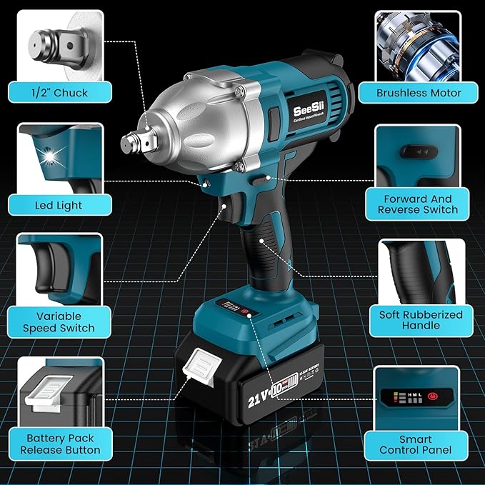 Seesii Cordless Impact Wrench, 900N.m(665ft-lbs) Power Impact Gun 1/2 Inch, 4.0Ah Battery, 3300RPM Impact Wrench, 6 Sockets, Electric Impact Driver for Home Car Truck Mower Father Dad Husband