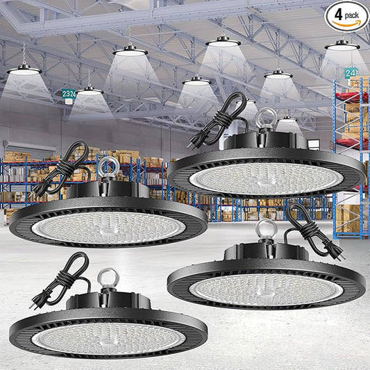 Led High Bay Lights 200W - 28000lm 5000K Super Bright Waterproof Led Shop Lights with Plug 5' Cable and Hook Ring, Led Garage Light for Factory Gym Warehouse Workshop（4 Pack）