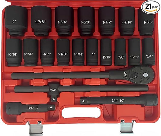 3/4 Inch Drive Impact Socket Set,6 Point,SAE Sizes(3/4" to 2"),21Pcs,Cr-Mo Steel,Includes Adapters and Quick Release Ratchet Wrench,With a Storage Case.