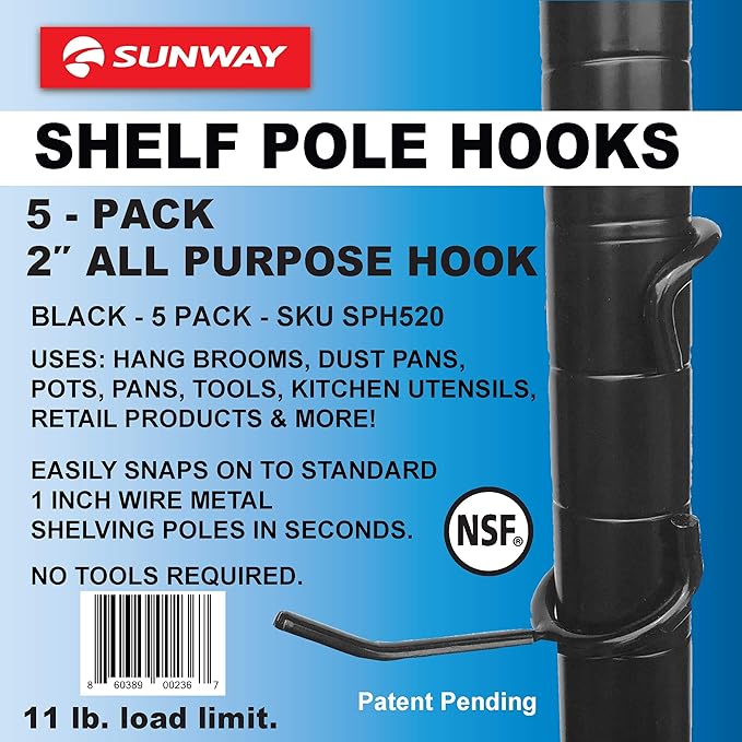 Sunway Shelf Pole Hooks 5-Pack | 2" Black All Purpose NSF-Certified | Best Solution for Garage Shelving Storage Organization | Use with Metal or Wire Shelves and Racks | Heavy Duty, Easy Installation