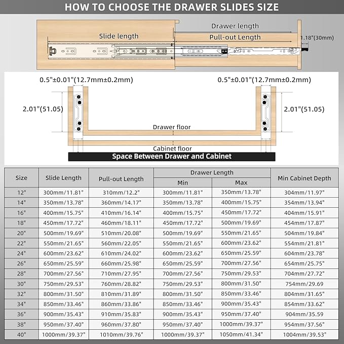 AOLISHENG 1 Pair Heavy Duty Drawer Slides with Lock 12 14 16 18 20 22 24 26 28 30 32 34 36 38 40 Inch 150 lb Load Capacity Side Mount Full Extension Ball Bearing Cabinet Locking Rail Tool Box Runner