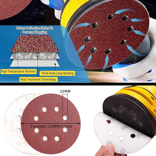 100 Pcs Sanding Discs 5 Inch 8 Holes Hook and Loop 60/80/ 100/120/ 150/180/ 240/320/ 400/600 Grit Assorted for Random Orbital Sander
