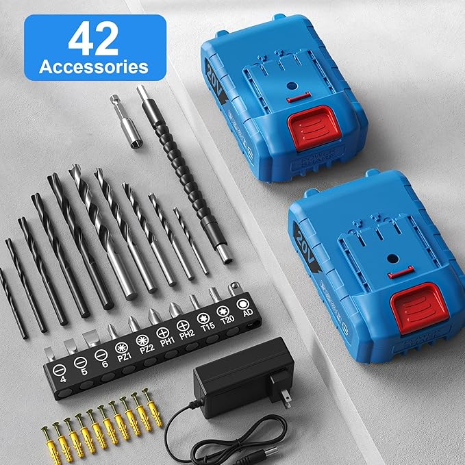 Cordless Drill, 20V Power Drill, Double 2000mAh Batteries Electric Drill, Cordless Drill with Battery and Charger, 3/8" Keyless Chuck Battery Drill with 25+1 Max 370 In-lb Torque, 42Pcs Drill Bits