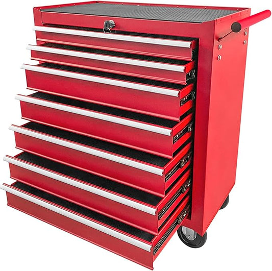 Rovibek 7 Drawer Rolling Tool Chest, Lockable Rolling Tool Box with Wheels, Ball-Bearing Slides, Large Capacity Metal Tool Box for Office Home Garage Workshop Warehouse Tool Storage, Red