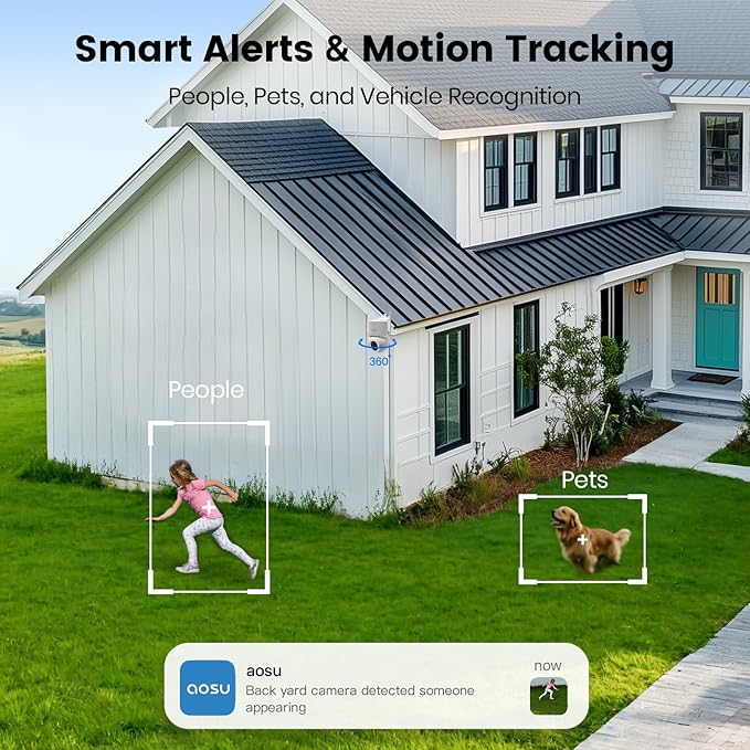 AOSU Solar Security Cameras Wireless Outdoor - 3K 5MP Home Security Camera, 360° Panoramic View, 400-Lumen Floodlight Camera, Color Night Vision, WiFi Camera, Auto Tracking, AI Human Detection(2 Pack)