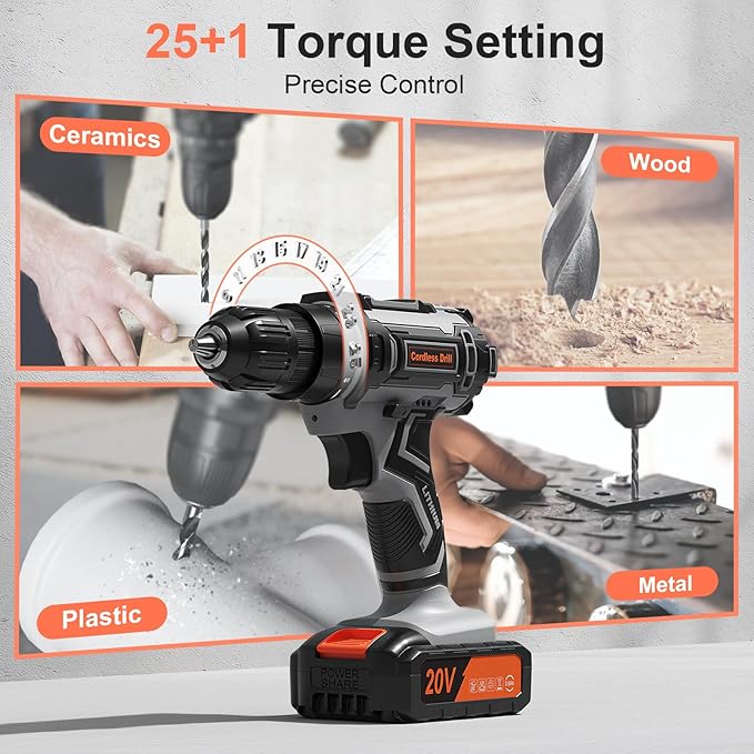 Cordless Drill Set, 20V Power Drill with Battery 2.0Ah and Charger, 3/8-Inch Keyless Chuck Electric Drill, 25+1 Torque, 42pcs Drill Driver Bits/Screws for DIY Projects (Gray)