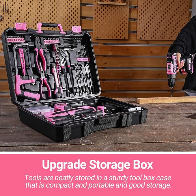 Pink Drill Tool Kit Set: 20V Cordless Power Drill Tool Box with Battery Electric Drill Driver for Men Home Hand Repair Basic Toolbox Tools Sets Drills Case