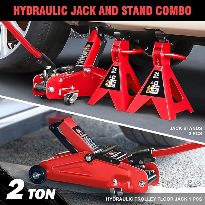 DNA MOTORING Low Profile Hydraulic Trolley Service/Floor Jack Combo with 2 Ratchet Jack Stands, 2 Ton (4000 lbs) Capacity,Red, TOOLS-00476-RD