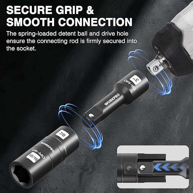 WORKPRO 5PCS Impact Socket Set 1/2" Drive, Lug Nut Socket Set, Wheel Socket Set Cr-Mo Steel, Includes 1PC 3" Extension Bar & 4PSC Flip Sockets of 6 Metric and SAE Sizes