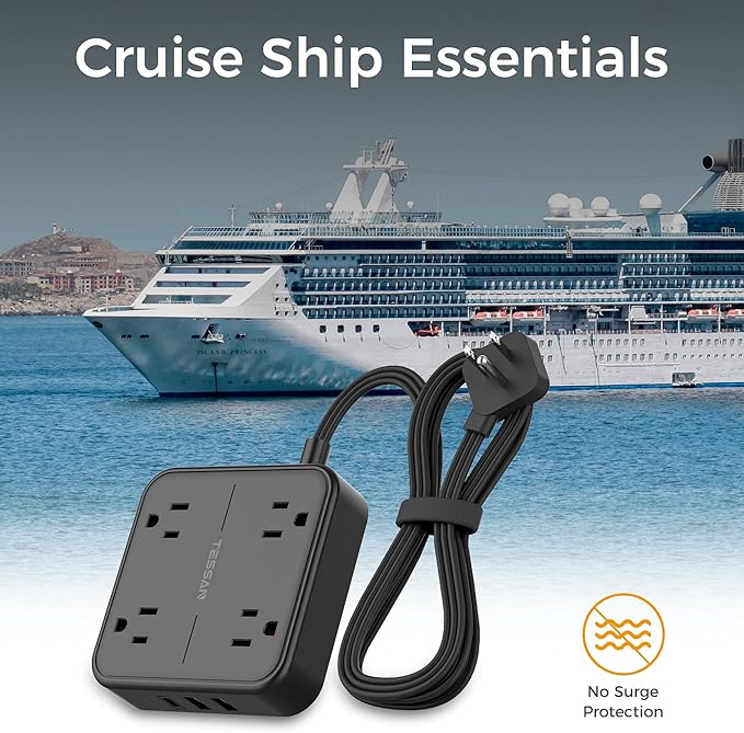 Flat Extension Cord 10 ft, TESSAN Ultra Thin Power Strip, Black Extension Cord with 3 USB Wall Charger(1 USB C Port), 4 Widely Spaced Outlets Compact for Home, Office, Cruise Ship Essentials