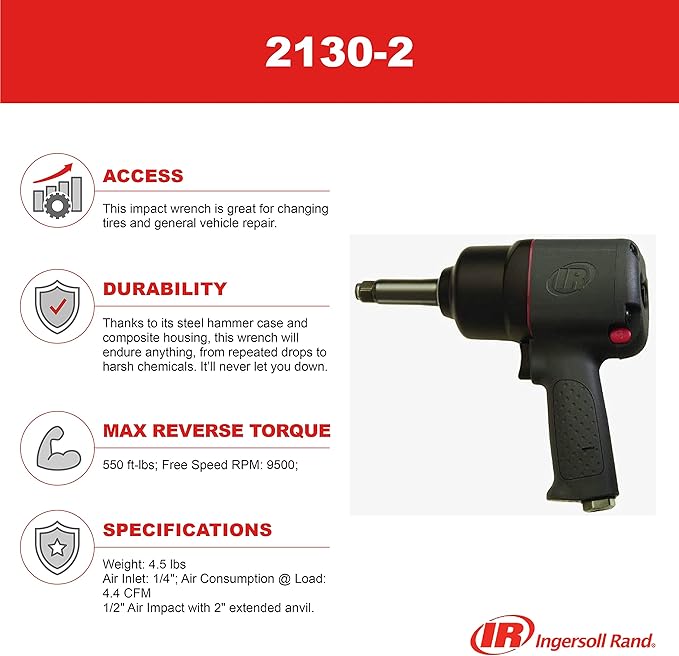Ingersoll Rand 2130-2 1/2" Air Impact Wrench with 2" Extended Anvil, 550 ft-lbs Max Torque Output, 9500 RPM, Heavy Duty, Lightweight, Use for Changing Tires, Auto Repair, Black