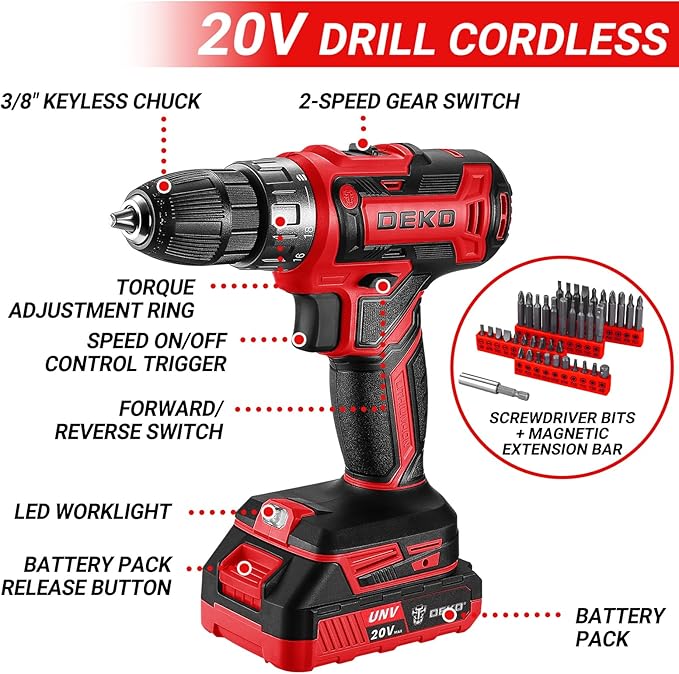 Cordless Drill Tool Kit Set：DEKOPRO 20V Power Drill Tool Box with Battery Electric Drill Driver for Men Home Hand Repair Basic Toolbox Tools Sets Drills Case (Red)