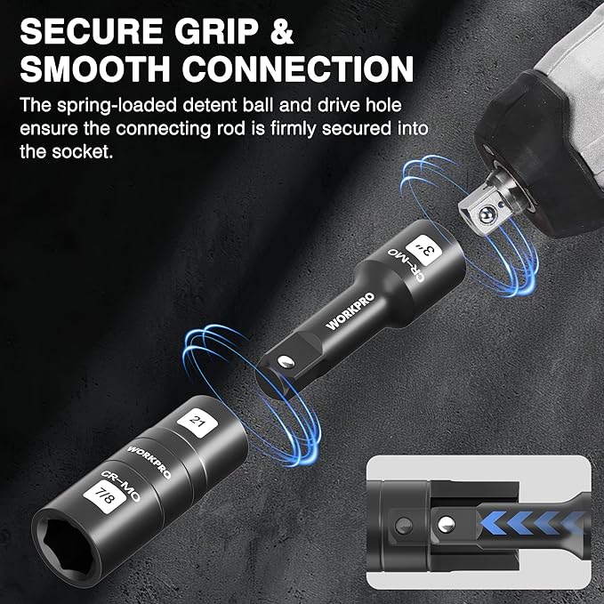 WORKPRO 4PCS Impact Socket Set 1/2" Drive, Lug Nut Socket Set, Wheel Socket Set Cr-Mo Steel, Includes 1PC 3" Extension Bar & 3PSC Flip Sockets of 6 Metric and SAE Sizes