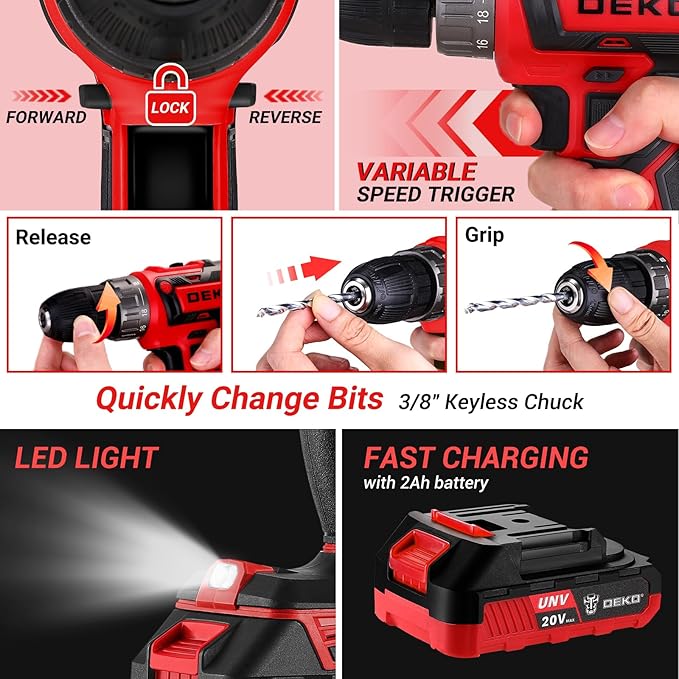 Cordless Drill Tool Kit Set：DEKOPRO 20V Power Drill Tool Box with Battery Electric Drill Driver for Men Home Hand Repair Basic Toolbox Tools Sets Drills Case (Red)