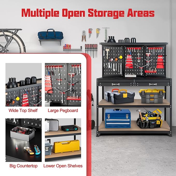 IRONMAX Workbench with Drawers, 48’’ Heavy Duty Workstation Organizer with 25 PCS Hanging Kits, 2 Storage Shelves & 2 Drawers, Work Bench Table for Garage, Home, Workshop, Auto Shop, Basement