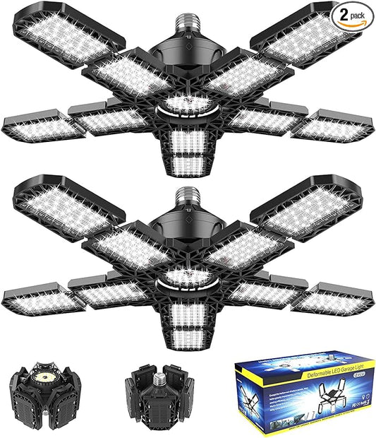 Nexillumi 2-Pack Led Garage Light 180W, 36000LM Garage Lights Ceiling LED with E26/E27 Medium Base, 6000K Deformable LED Shop Lights with 10+1 Adjustable Panels for Garage, Workshop, Attic, Basemen