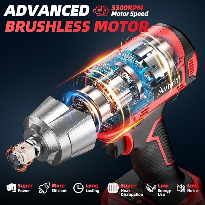 Cordless Impact Wrench, 480Ft-lbs (650N.m) 1/2 Inch Impact Gun Brushless, 3300RPM Electric Impact Wrench, 2x 4.0Ah Batteries, 4 Sockets, Charger, Power Impact Driver for Car Home