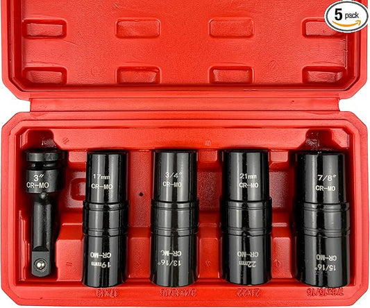 5PCS 1/2" Drive Impact Socket Set,Flip Socket Set,Metric（17x19，21x22 mm） & SAE（3/4x13/16,7/8x15/16in) with 3” Extension Bar,Cr-Mo Steel，Double Ended Thin Wall Nut Sockets