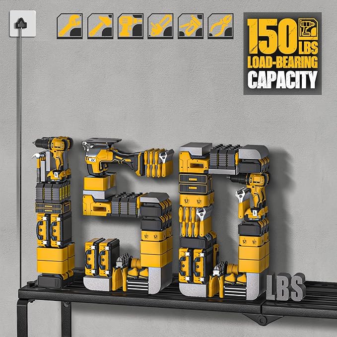 Power Tool Organizer with Charging Station, Garage Storage Shelf with 6 Outlets Power Strip, 8 Slots for Drill Holder Wall Mount, Heavy Duty Metal Tool Holder and Storage Rack, Father's Day