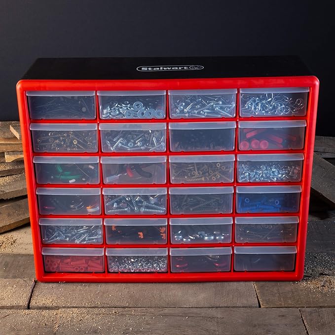 24 Plastic Drawers Organizer - Compartment Storage - Desktop and Wall Mount Container for Hardware, Parts, Crafts, Beads, and Tools by Stalwart (Red)