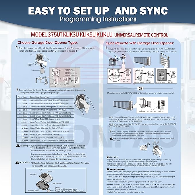375UT 375LM 380UT Universal Liftmaster Garage Door Opener Remote (1Pack) 3-Years-Warranty